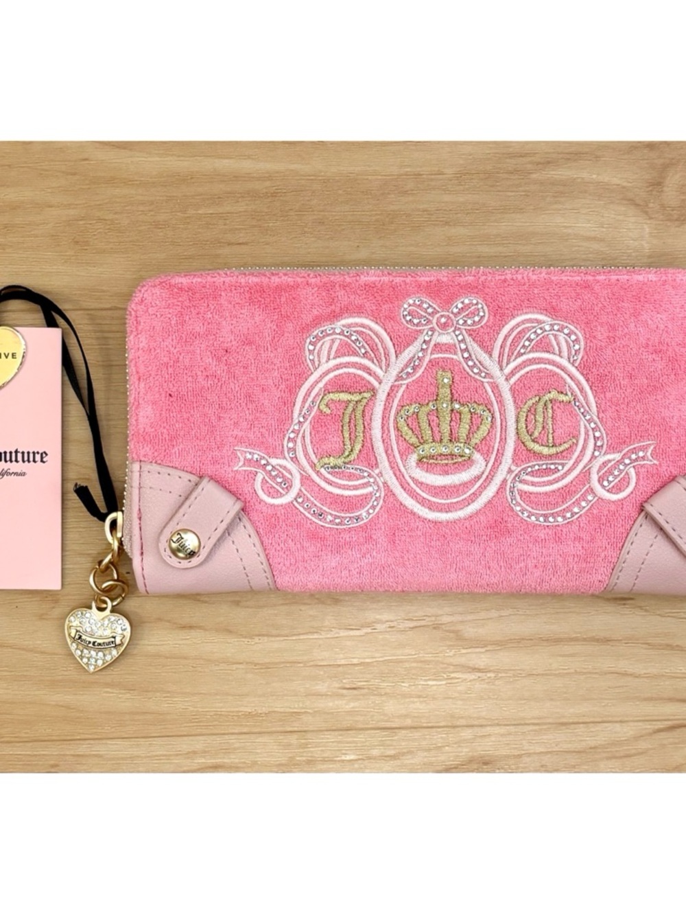 JUICY COUTURE Bubblegum Pink Embroidered Crown Zip Wallet